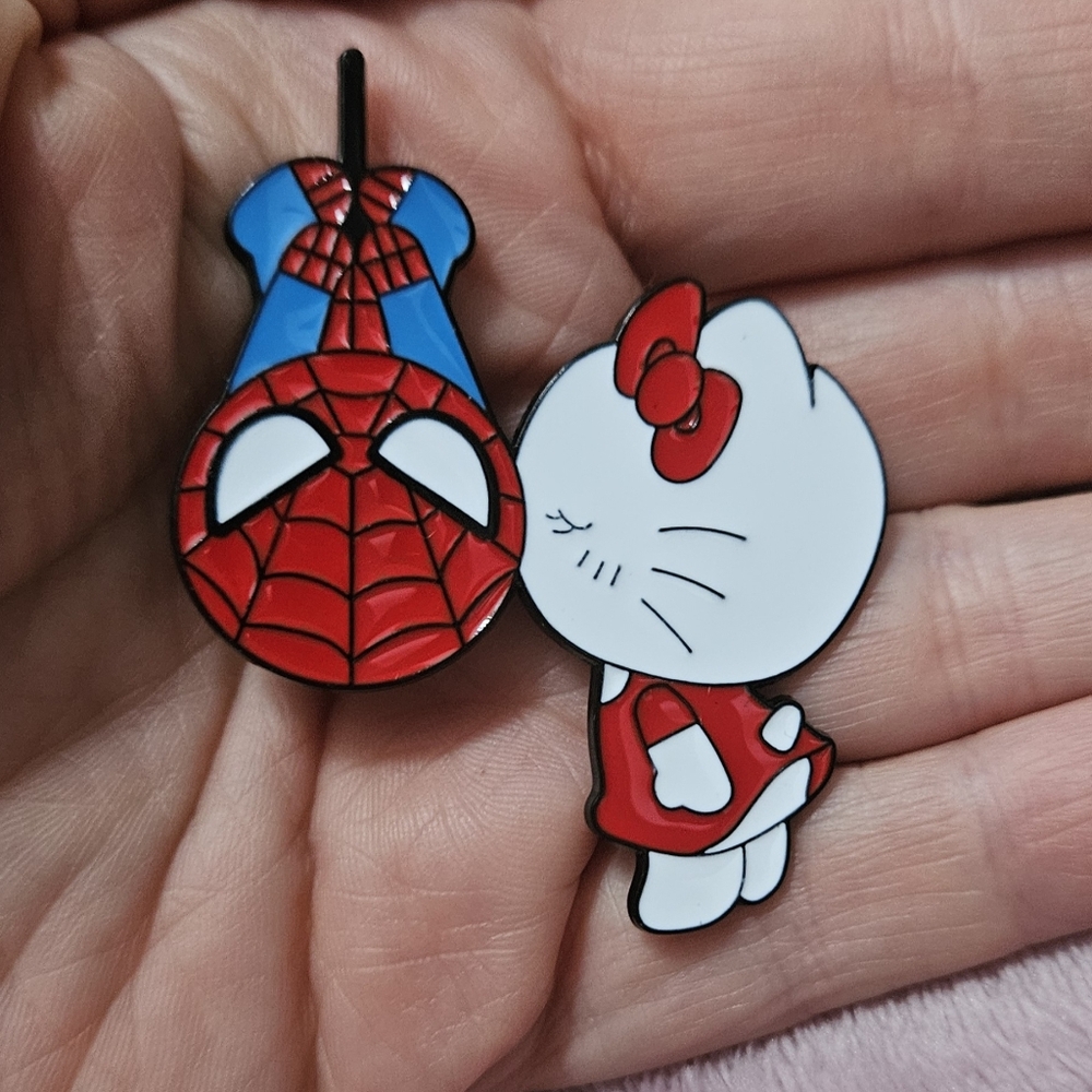 Hello Kitty kissing Spiderman Enamel Pin